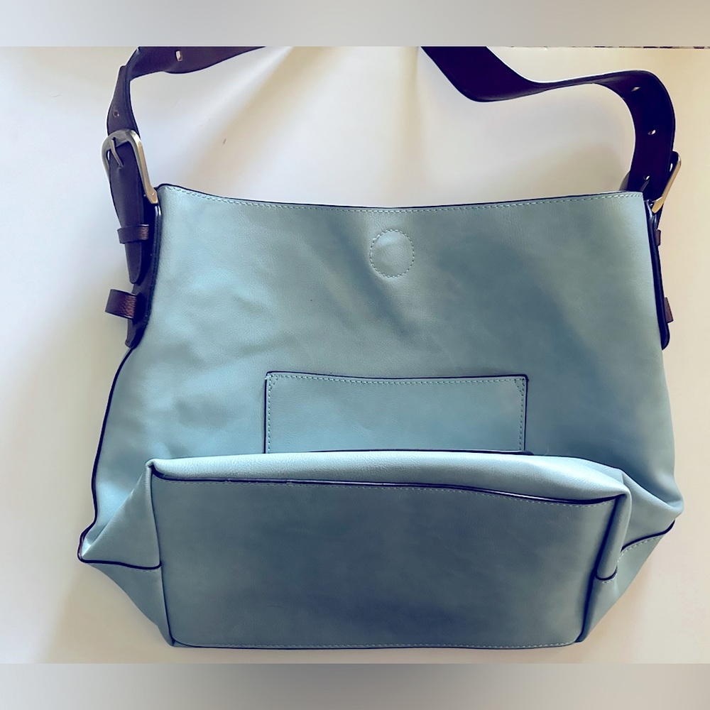 12x15” leather/suede bag - light blue/brown. NEW!
